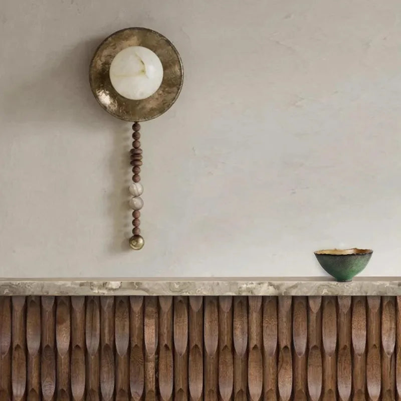American Retro Nostalgic Imitating Marble Wall Lamp For Living Room Home Decor Wabi-sabi G9 Led Bulb Iron Wall Light Wood Beads