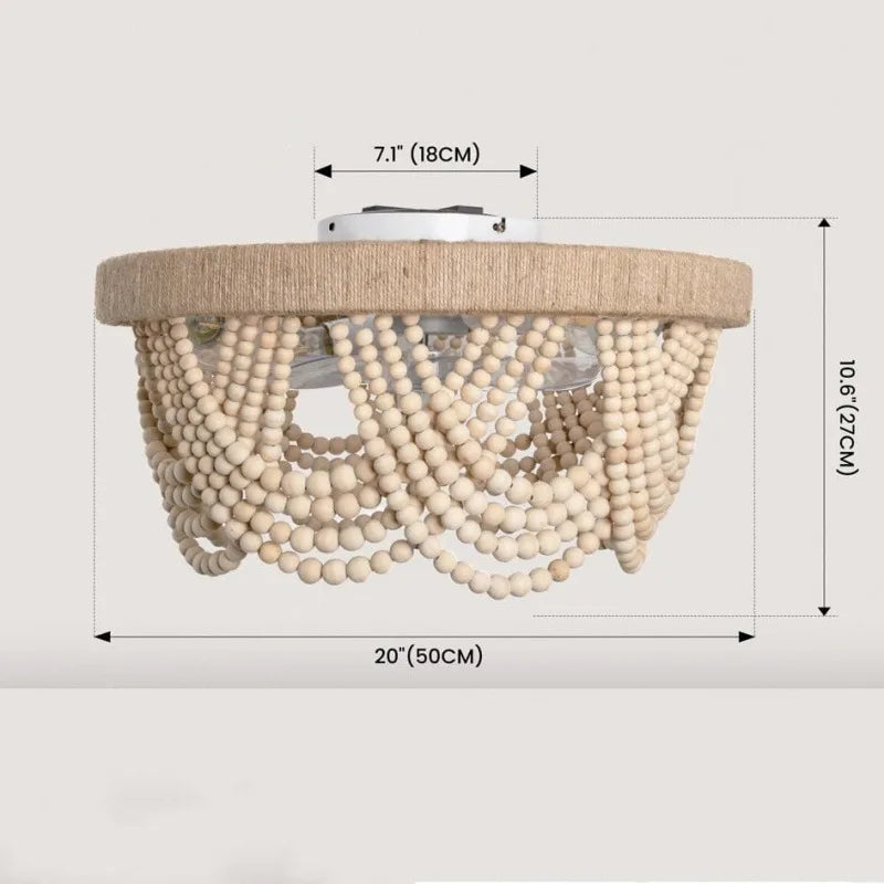 European Wooden Beads Invisible Ceiling Fan Light For Bedroom Home Decor Bohemian White Wood Ceiling Fan E27 Led Bulb D20 Inch