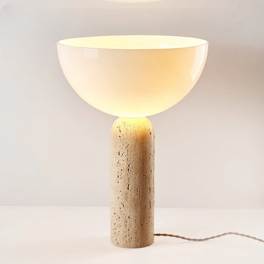 Wabi-Sabi Stone Table Lamp — Natural Travertine Base & White Glass Shade, E27 LED for Living Room Decor