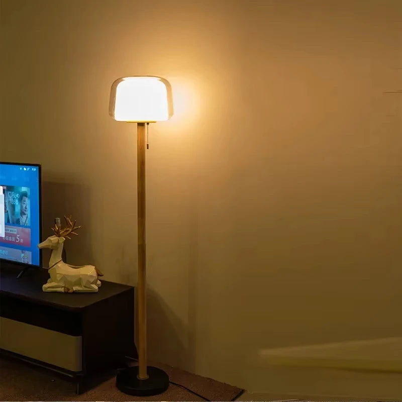 Nordic Double Glass Floor & Table Lamp with Pull Chain | Solid Wood Standing Light for Living Room & Bedroom