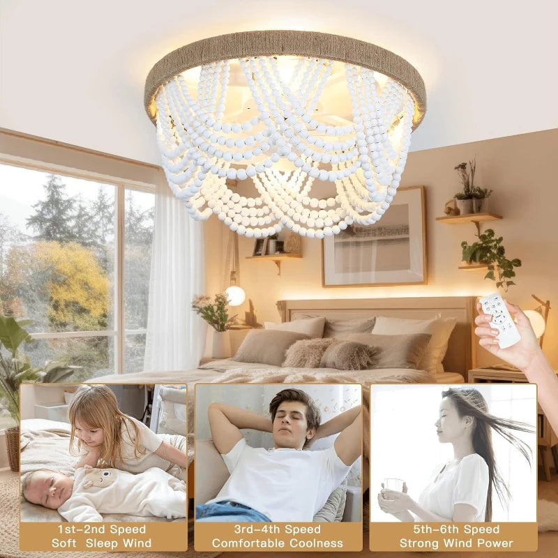 European Wooden Beads Invisible Ceiling Fan Light For Bedroom Home Decor Bohemian White Wood Ceiling Fan E27 Led Bulb D20 Inch
