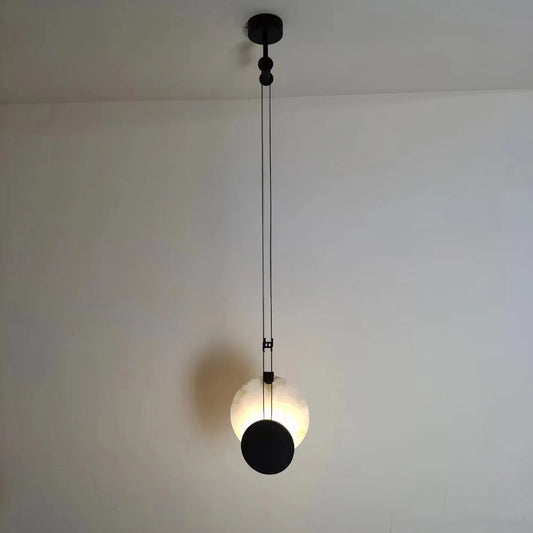 Modern Simple Black Paint Iron Disc Marble LED Light Single Dining Pendant Lamp Warm White Bedroom Living Room Hanging Fixture