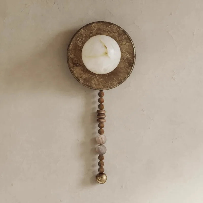 American Retro Nostalgic Imitating Marble Wall Lamp For Living Room Home Decor Wabi-sabi G9 Led Bulb Iron Wall Light Wood Beads