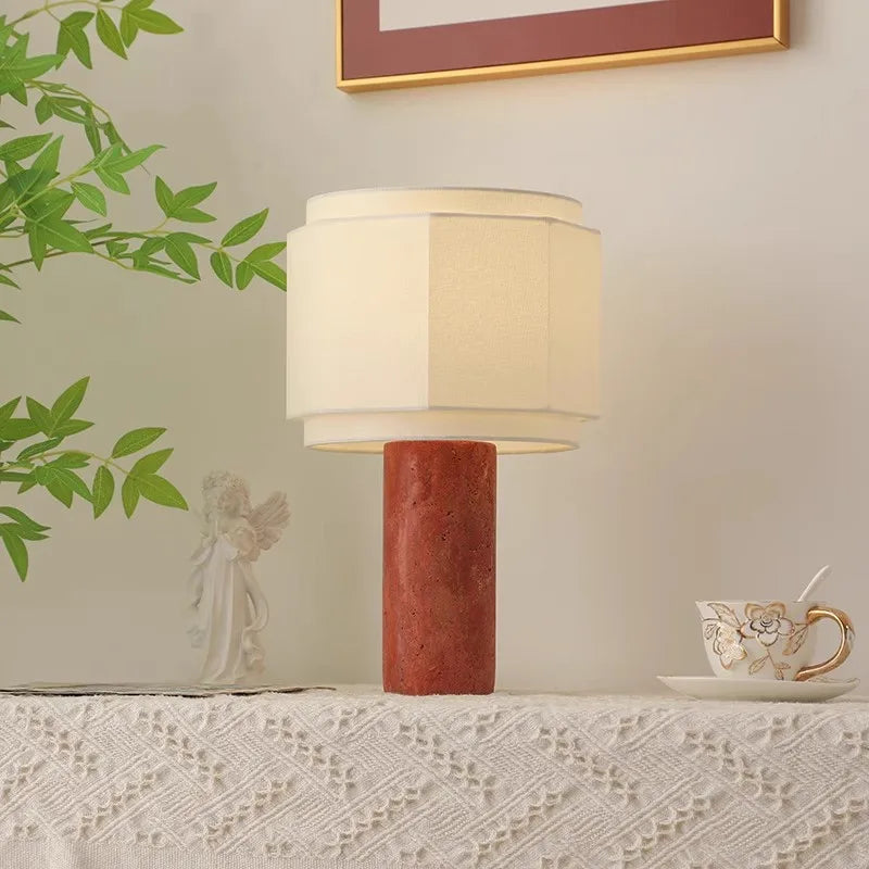 Danish Red Travertine Marble Table Lamp For Living Room Home Decor Ambience E27 LED Bulb Desk Lamp With Fabric Lampshade