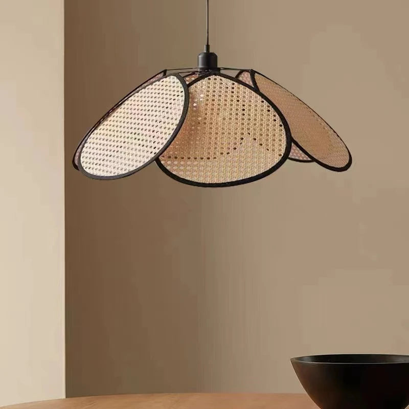 Natural Bamboo Rattan Wicker Chandelier LED Hanging Pendant Lamp Shade with Handwoven Leaf Grid Design for Living Room Kitchen