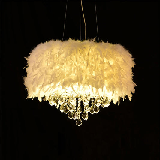 Nordic European Post-Modern Crystal Feather Chandelier, Creative Romantic E27 Ceiling Lamp for Dining Room, Modern Hanging Light