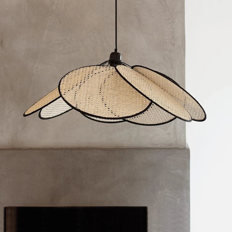 Natural Bamboo Rattan Wicker Chandelier LED Hanging Pendant Lamp Shade with Handwoven Leaf Grid Design for Living Room Kitchen