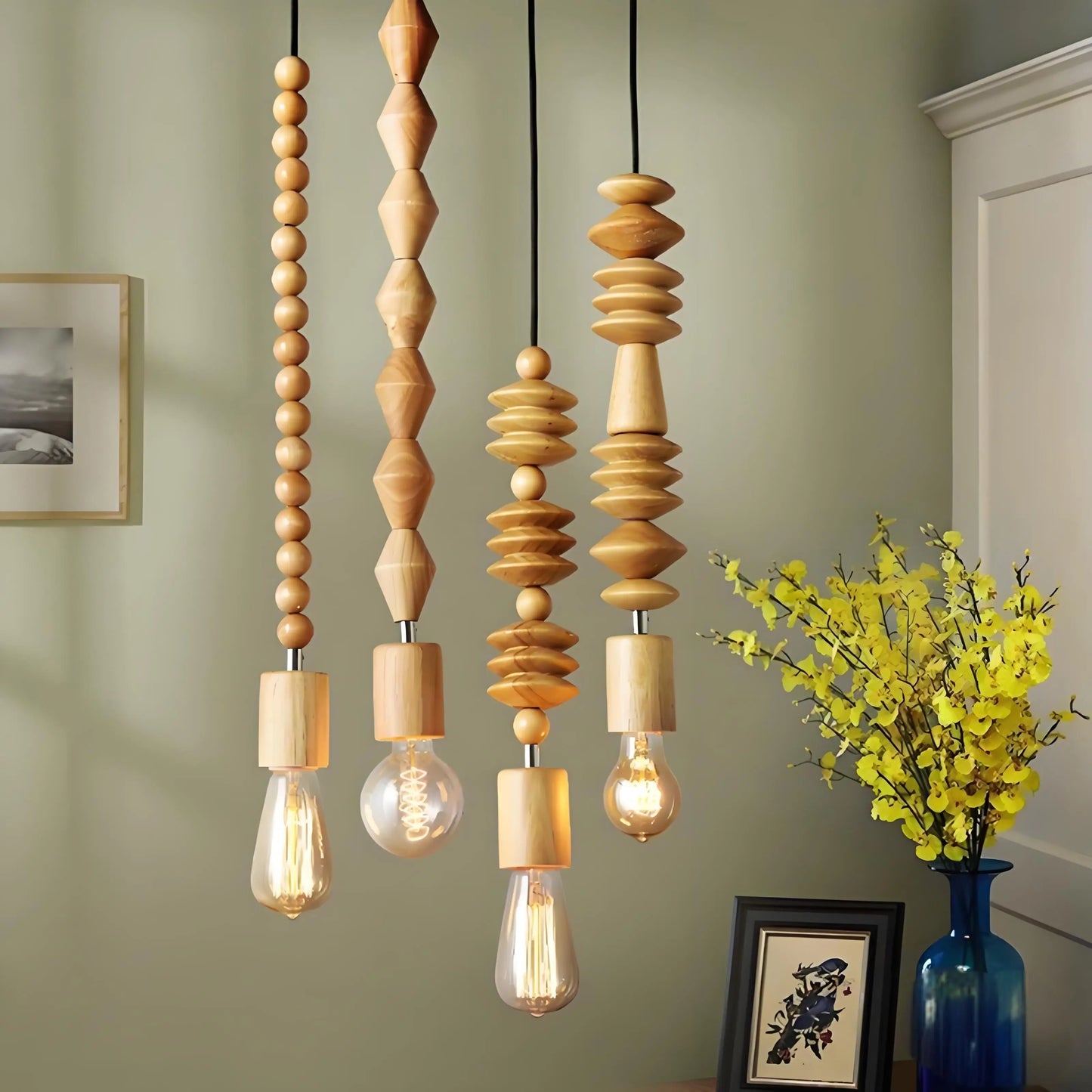 Retro style Oak wood pendant lamp Vintage 100cm cord geometric beads string droplight indoor Light Fixture