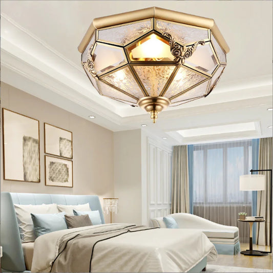 Europe Vintage Copper Glass Ceiling Light America Home Deco Bedroom living room E27 Bulb Indoor 35cm 45cm LED Ceiling Lamp