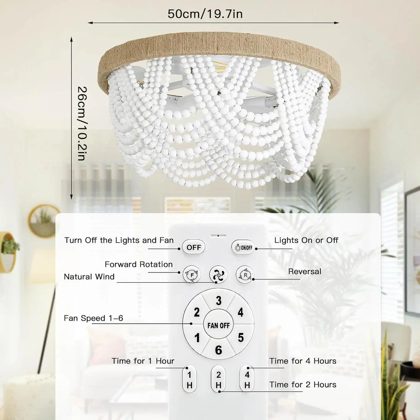 European Wooden Beads Invisible Ceiling Fan Light For Bedroom Home Decor Bohemian White Wood Ceiling Fan E27 Led Bulb D20 Inch