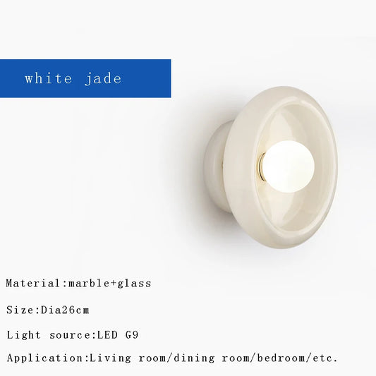Nordic Round Natural Jade & Stone Wall Sconce Lamp - Designer Luxury Wall Light Fixture for Living Room Home Decor with Shade