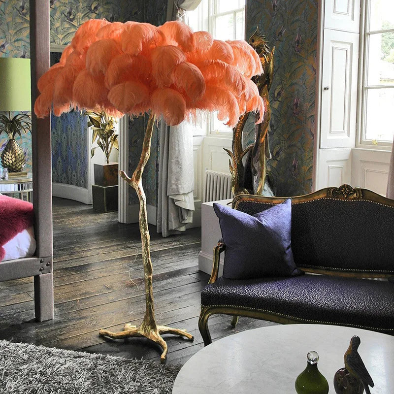Modern Minimalist Bedroom Living Room LED E14 Pink White Feather Floor Lamp Romantic Interior Decoration Resin Standing Fixture