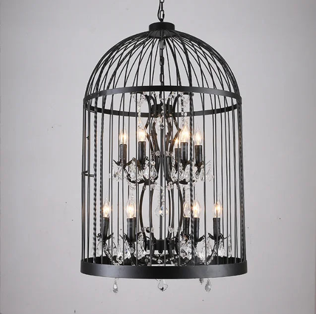 Vintage American Rust Iron Bird Cage Crystal Chandelier Pendant Lamp for Restaurant Villa Living Room E14 LED Home Deco Light