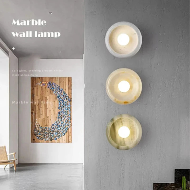 Nordic Round Natural Jade & Stone Wall Sconce Lamp - Designer Luxury Wall Light Fixture for Living Room Home Decor with Shade
