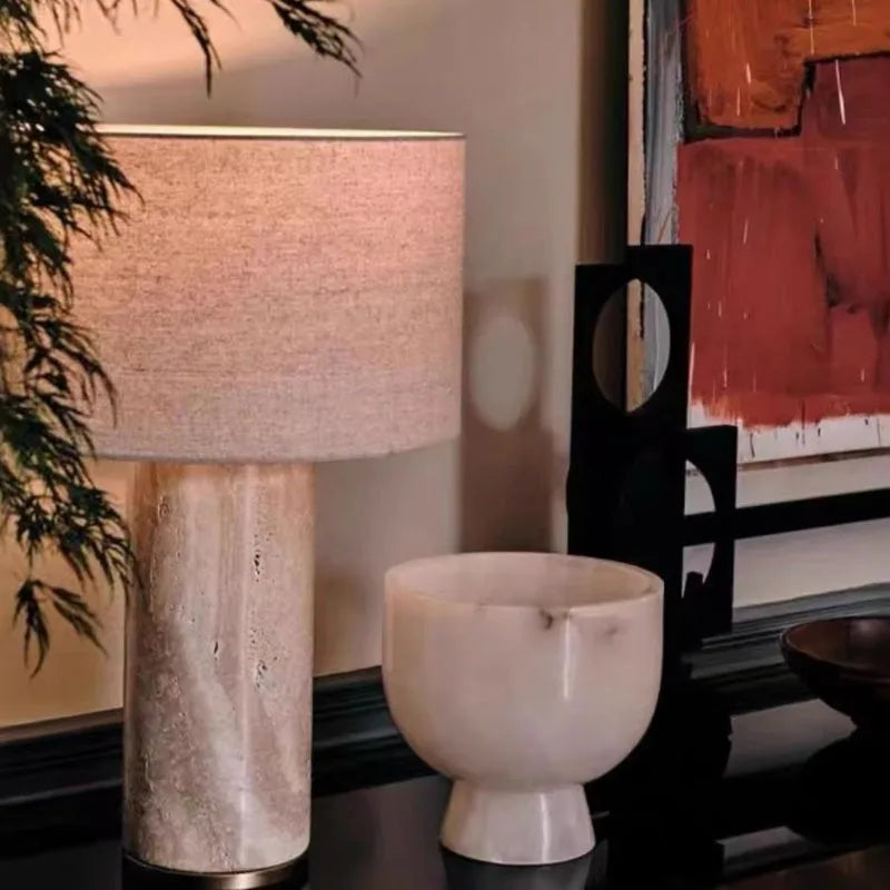 Nordic Natural Cave Stone Desk Lamp for Living Room Wabi-Sabi Designer Creative Decorative E27 Table Lamp with Fabric Lampshade