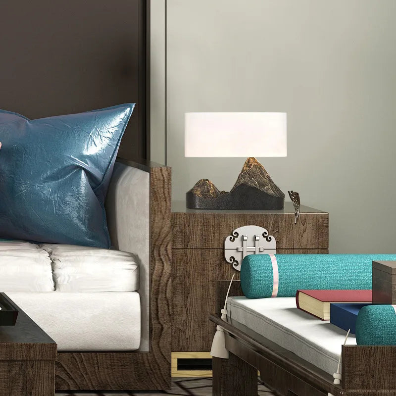 Chinese Creative Table Lamp For Living Room Home Decor With Resin Mountain Body Bedside Desk Lamp With White Fabric Lampshade