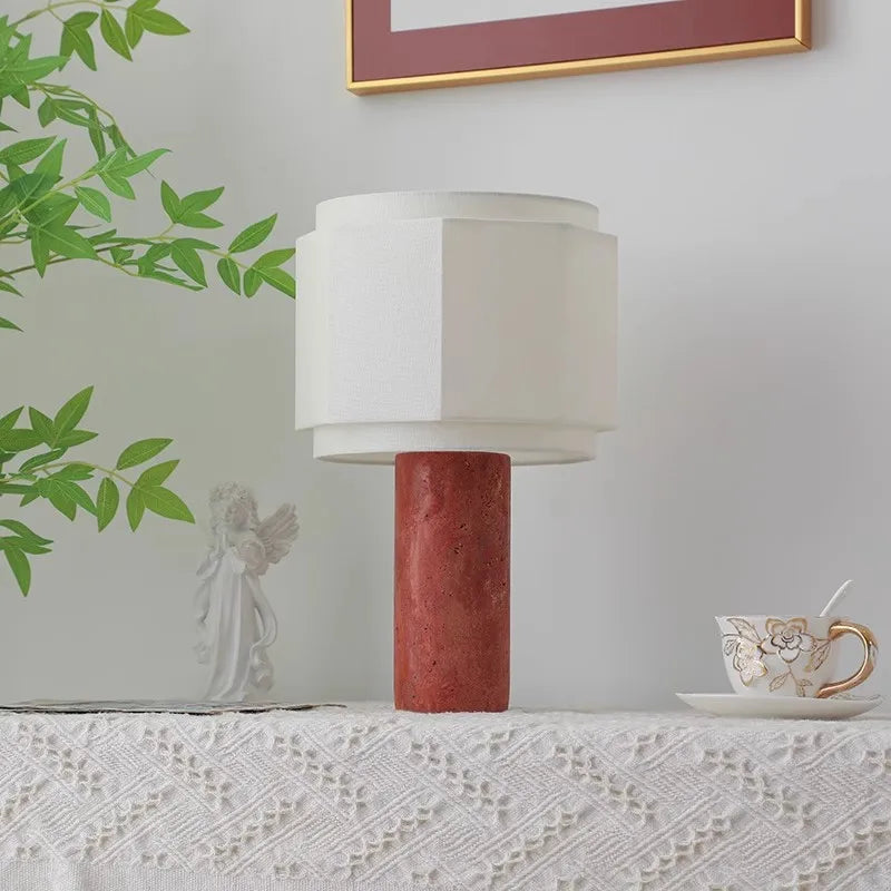 Danish Red Travertine Marble Table Lamp For Living Room Home Decor Ambience E27 LED Bulb Desk Lamp With Fabric Lampshade