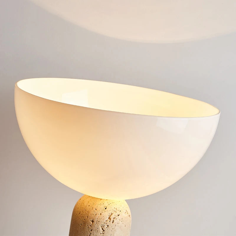 Japanese Wabi-Sabi Table Lamp with Antique Stone Body for Living Room Home Decor with White Round Glass Lampshade E27 LED Bulb