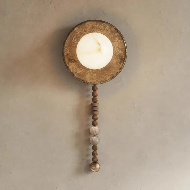American Retro Nostalgic Imitating Marble Wall Lamp For Living Room Home Decor Wabi-sabi G9 Led Bulb Iron Wall Light Wood Beads