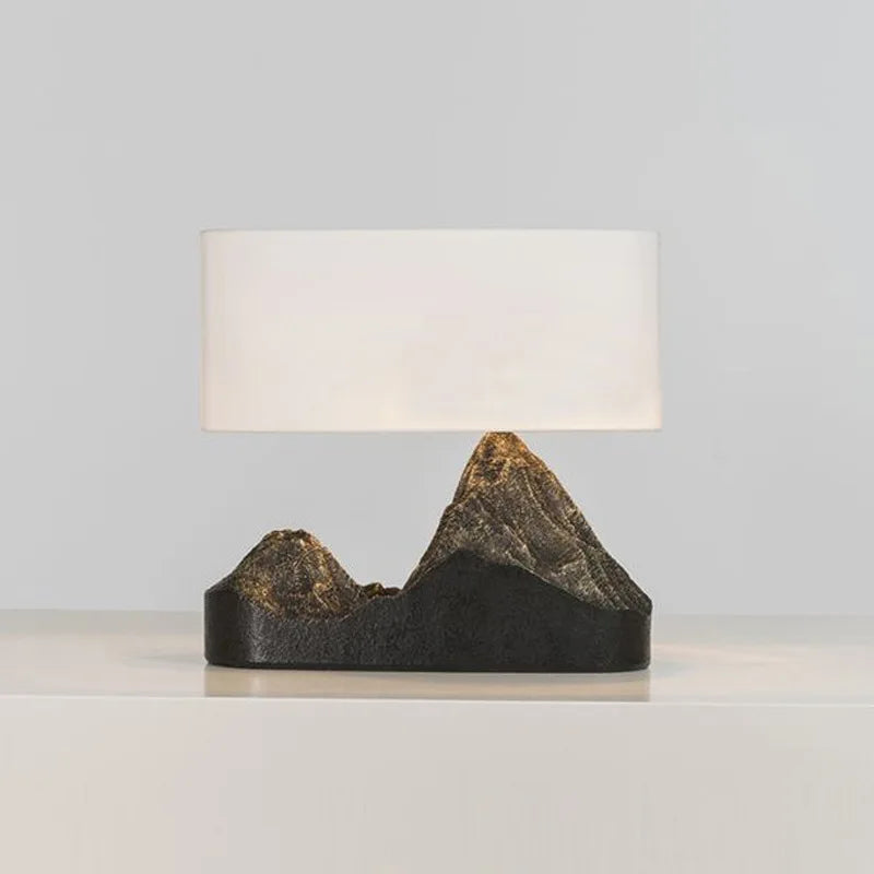 Chinese Creative Table Lamp For Living Room Home Decor With Resin Mountain Body Bedside Desk Lamp With White Fabric Lampshade