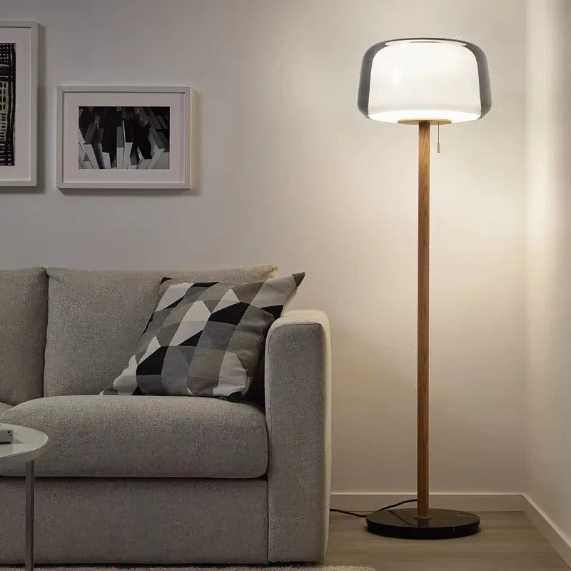 Nordic Double Glass Floor & Table Lamp with Pull Chain | Solid Wood Standing Light for Living Room & Bedroom