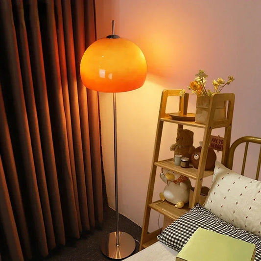 Retro Bauhaus Mushroom Floor & Table Lamp | Gradient Orange Glass Accent Light for Living Room & Bedroom