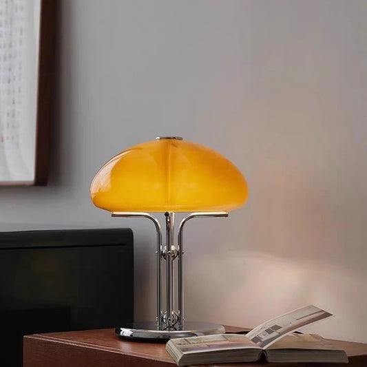 Retro Bauhaus Mushroom Table Lamp | Amber Glass & Chrome Bedside Accent Light for Living Room & Desk