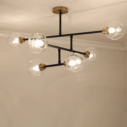 Modern Simple Chandelier with Smoke Gray Glass 6 Heads Adjustable Gold LED Pendant Lighting Fixture for Living Room Home Decor