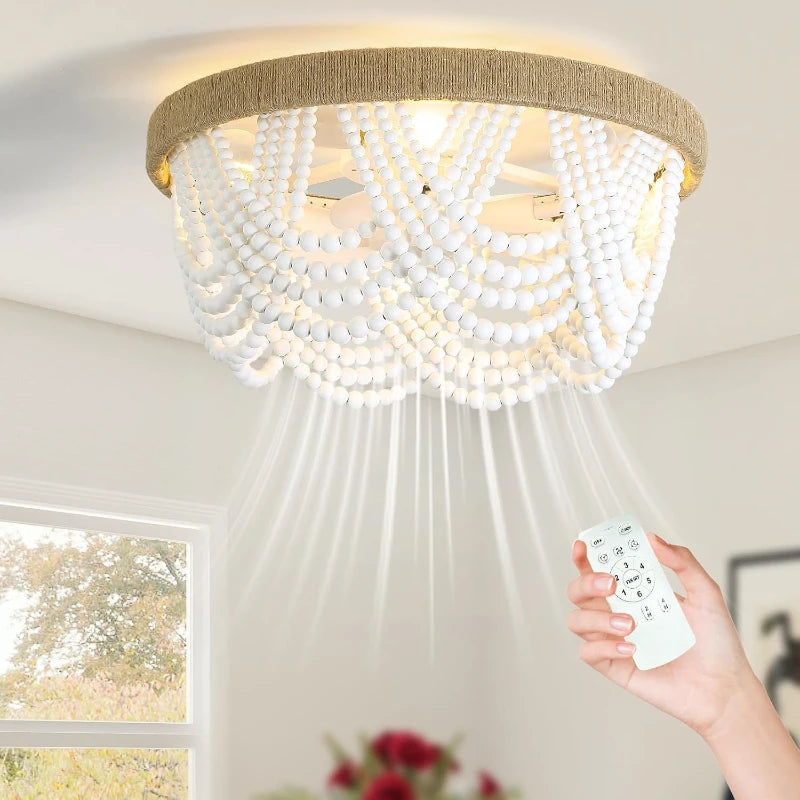 European Wooden Beads Invisible Ceiling Fan Light For Bedroom Home Decor Bohemian White Wood Ceiling Fan E27 Led Bulb D20 Inch