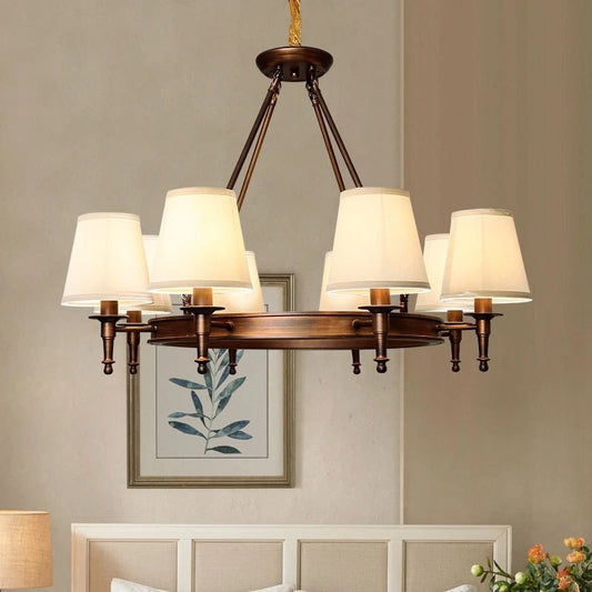 Vintage Iron Wagon Wheel Chandelier with Fabric Shades for Living Room & Dining Room