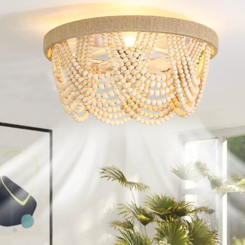 European Wooden Beads Invisible Ceiling Fan Light For Bedroom Home Decor Bohemian White Wood Ceiling Fan E27 Led Bulb D20 Inch