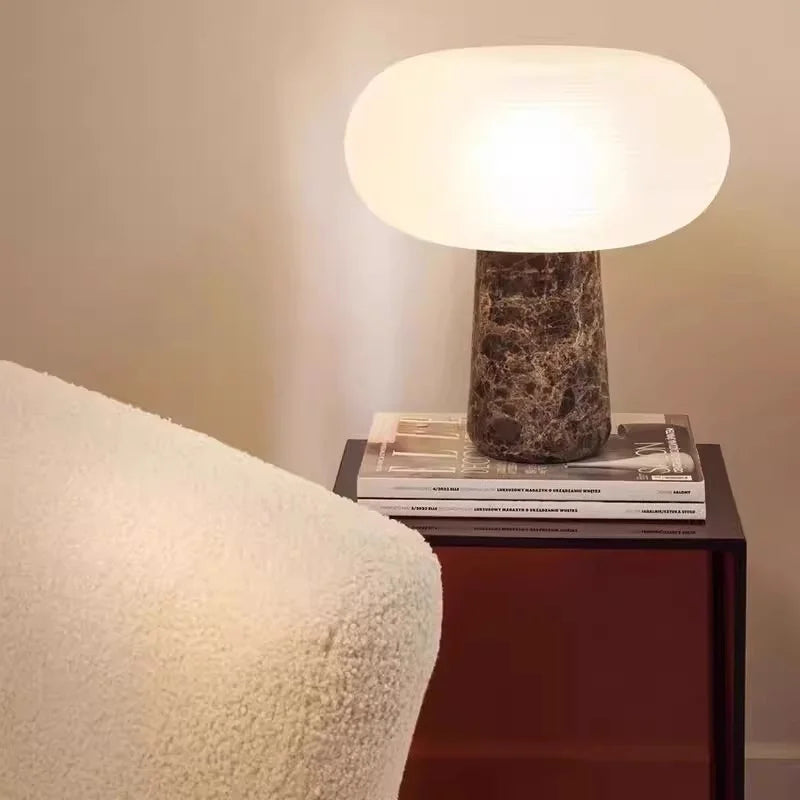Postmodern Minimalist Natural Brown Marble Desk Lamp With White Glass Lampshade Luxury Art For Living Room Home Decor G9 Bulb