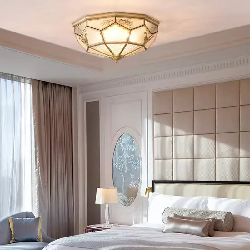 Europe Vintage Copper Glass Ceiling Light America Home Deco Bedroom living room E27 Bulb Indoor 35cm 45cm LED Ceiling Lamp