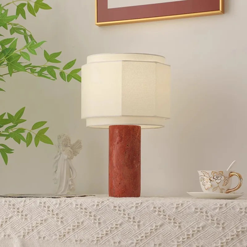 Danish Red Travertine Marble Table Lamp For Living Room Home Decor Ambience E27 LED Bulb Desk Lamp With Fabric Lampshade