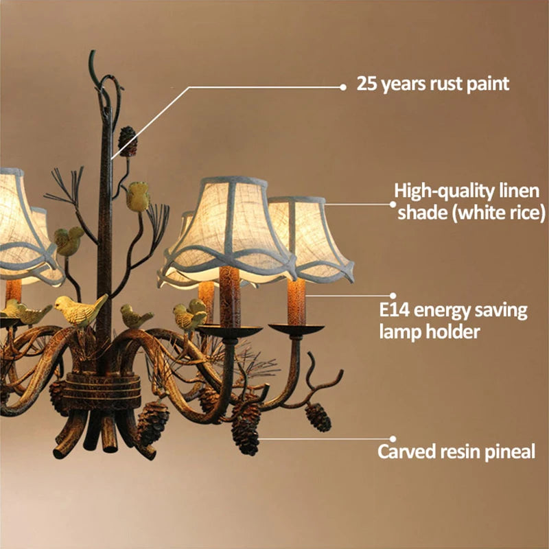 American Vintage Retro Iron LED Chandelier E14 Bulb Resin Bird Hanging Light Fixture for Living Bedroom Dining Room & Home Decor