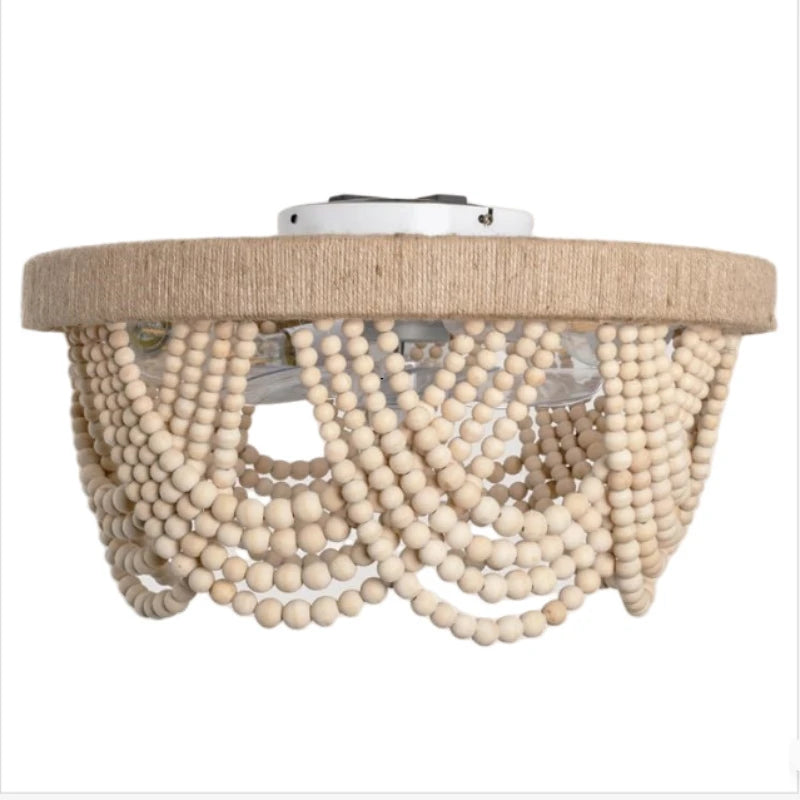 European Wooden Beads Invisible Ceiling Fan Light For Bedroom Home Decor Bohemian White Wood Ceiling Fan E27 Led Bulb D20 Inch