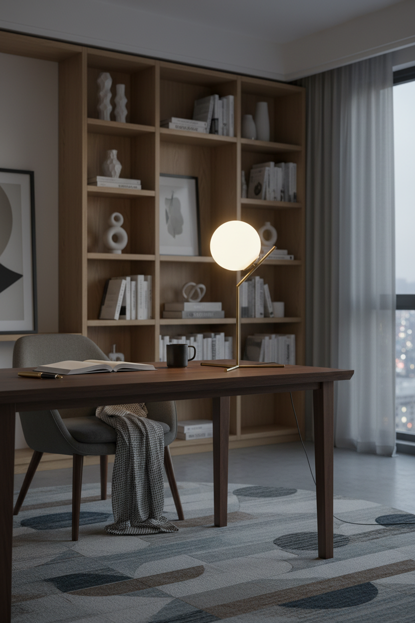 Mid-century antique brass tripod desk lamp with white glass globe shade illuminated on a walnut home office desk