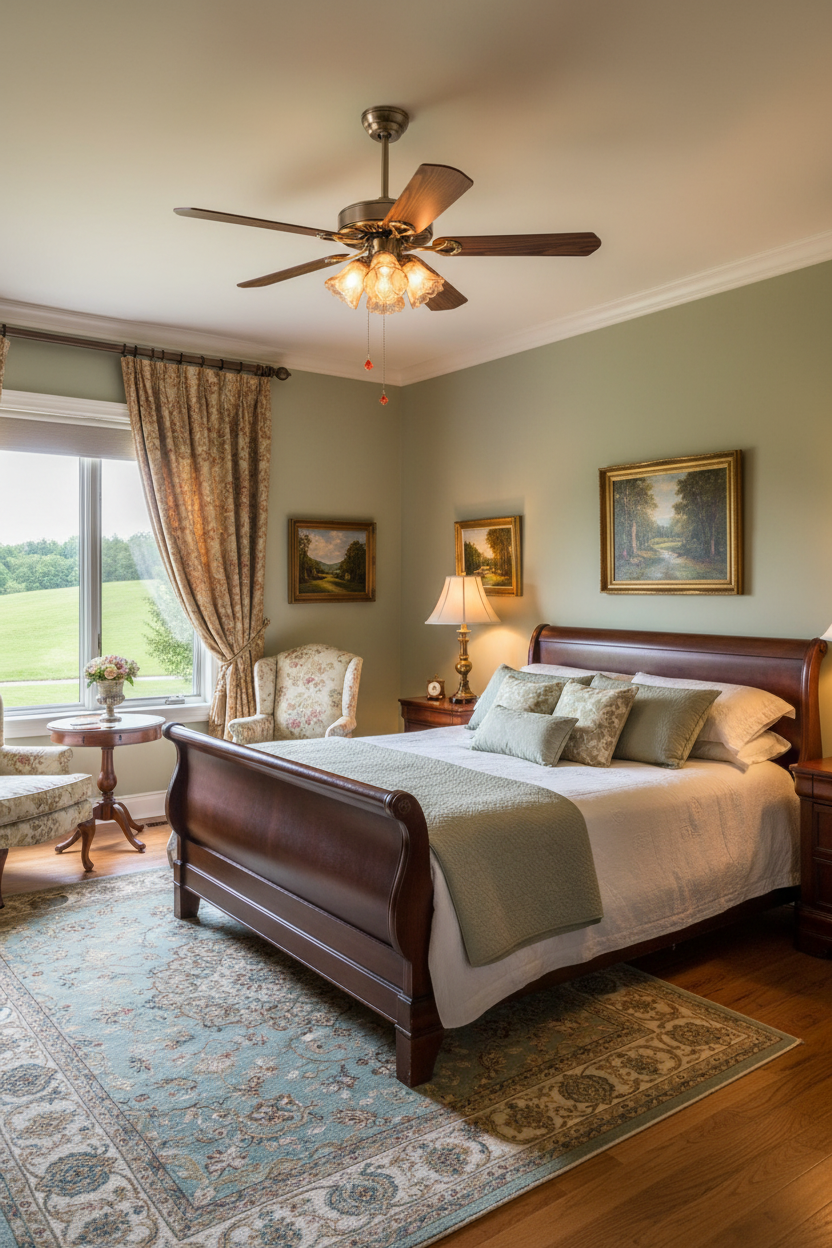 Antique Bronze Ceiling Fan Light in Master Bedroom