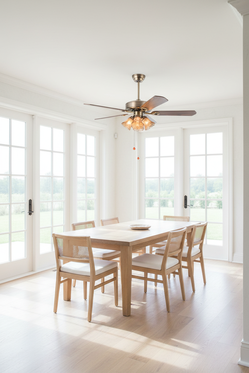 Bright Sunlit Dining Room with Bronze Ceiling Fan Light