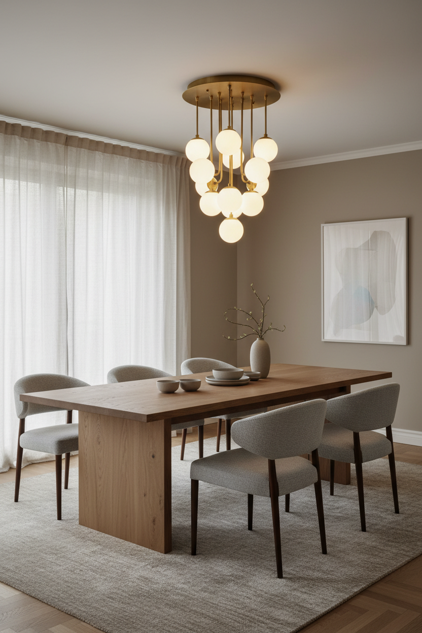 Cascading Glass Globe Chandelier over Dining Table