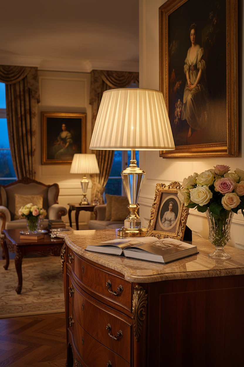 Classical Crystal Lamp on Living Room Credenza