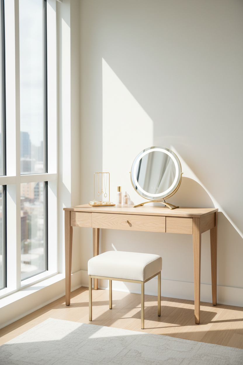 Dimmable Touch Control LED Vanity Mirror in Bright Bedroom Nook