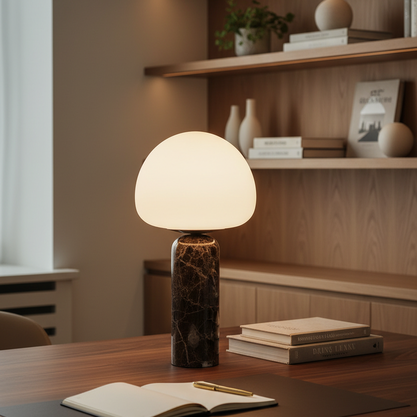 Elegant modern marble desk lamp with frosted glass globe on a dark walnut home office desk with notebook and brass pen