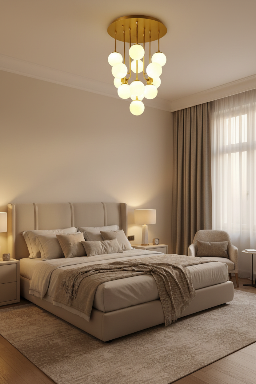 Elegant Multi-Globe Chandelier in Master Bedroom Suite