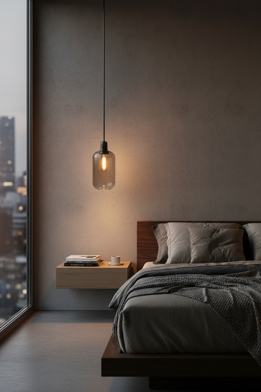 Elongated Smoke Gray Glass Bedside Pendant in Moody Bedroom