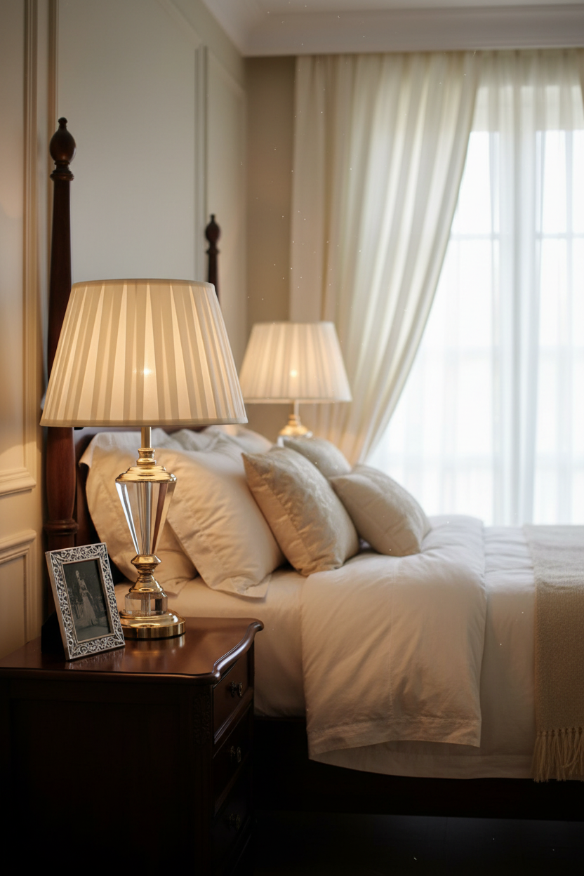 European Crystal Table Lamp in Romantic Master Bedroom
