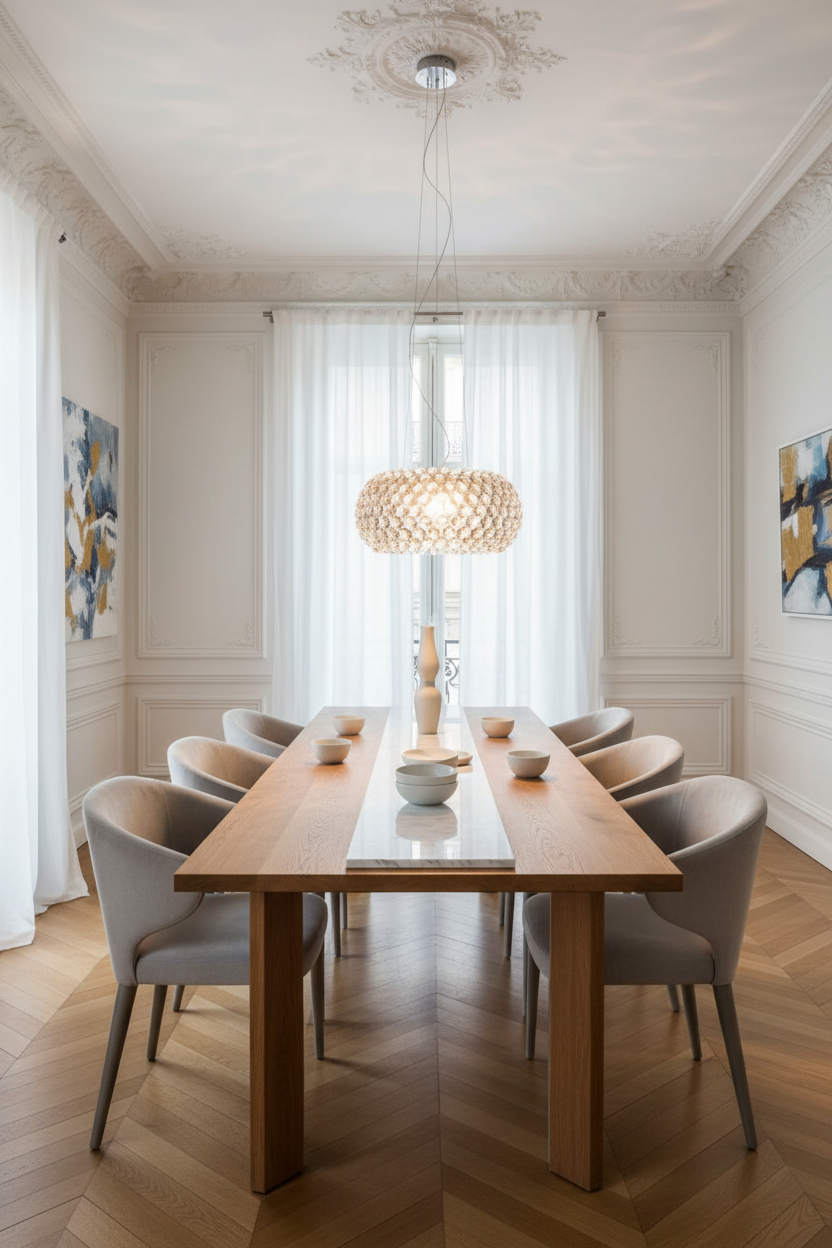 Foscarini Caboche Style Acrylic Globe Chandelier over Dining Table