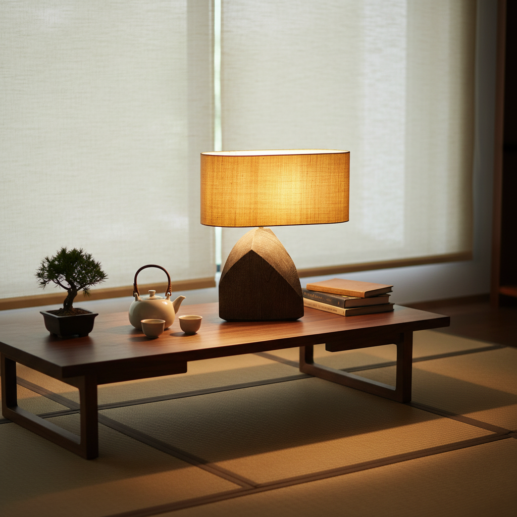 Zen style stone carved desk lamp with warm woven shade in modern tea room