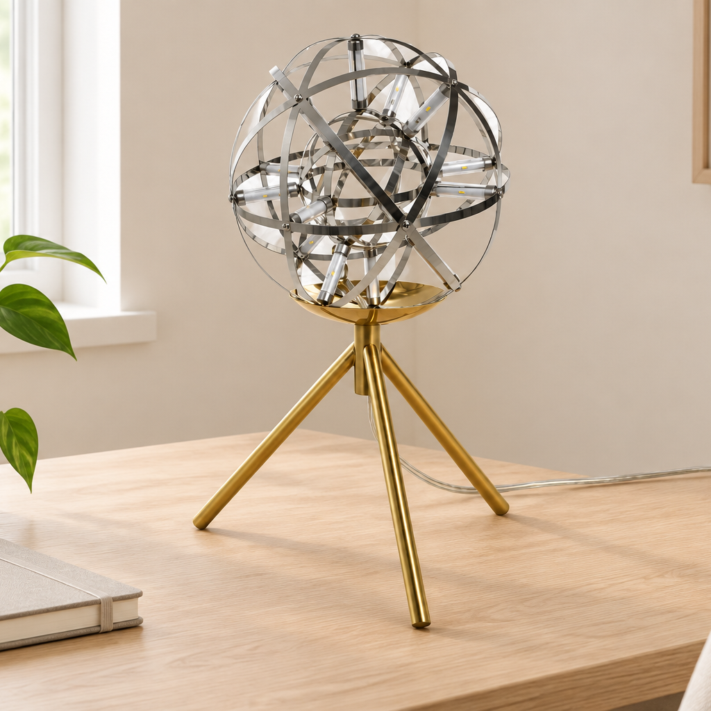 Tripod spherical desk lamp on the desk scene
