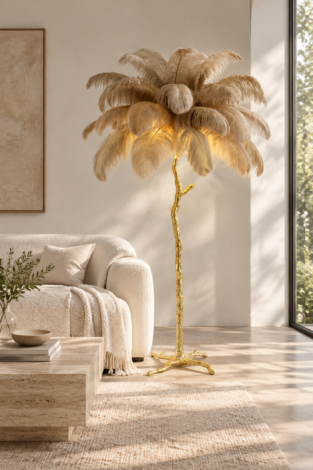 Coconut tree shaped feather floor lamp in living room scene